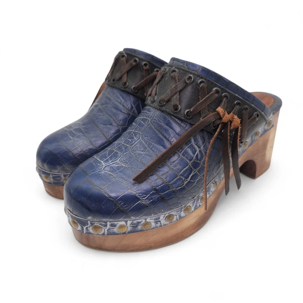 Freebird (Women's 7) Woodstock Platform Clogs Wood Heel Leather Lace Shoes Wedge